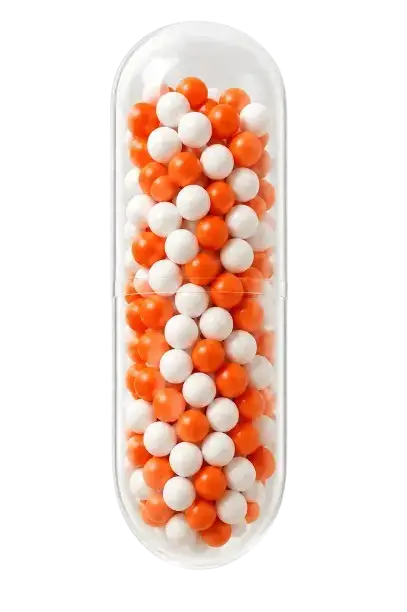 Brio capsule filled with hundreds of orange and white time-release microbeads